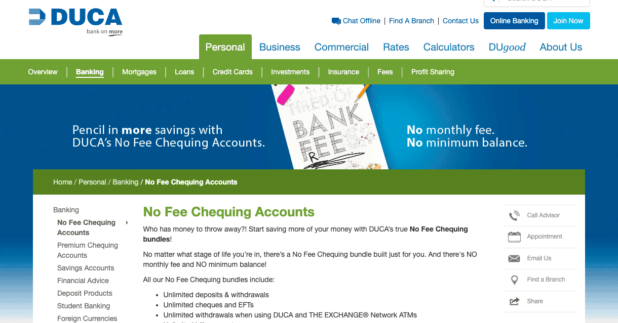 DUCA No Fee Chequing Account 