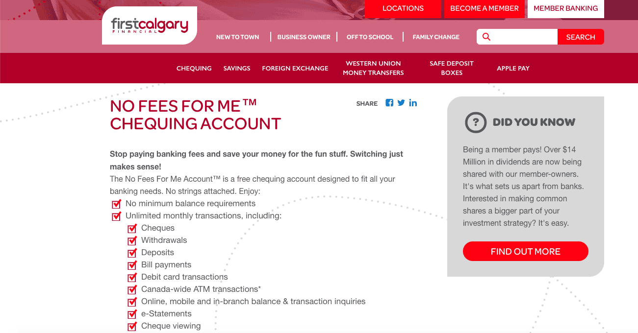 First Calgary Financial No Fee For Me Chequing Account